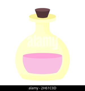 Flasche mit ätherischem Öl für Gesundheit und Schönheit. Magische Flasche mit rosa Flüssigtrank. SPA- und Entspannungskonzept. Vektor-Illustration in Cartoon flach Stock Vektor