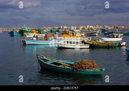 Egypte, Basse Egypte, la Côte méditerranéenne, Alexandrie, Front de mer et Port de peche. // Ägypten, Alexandria, Fischerhafen. Stockfoto