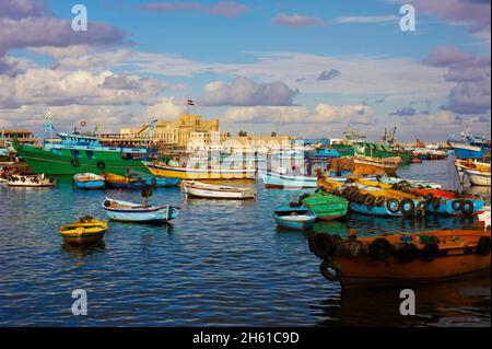 Egypte, Basse Egypte, la Côte méditerranéenne, Alexandrie, Front de mer et Port de peche. // Ägypten, Alexandria, Fischerhafen. Stockfoto