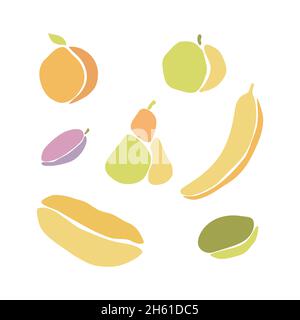 Obst- und Gemüseset, Boho-Stil, geschnittene Papierstücke, zerklüftete Kanten. Birne Apfel Kiwi Banane Melone Pflaume orange. Isolierter, weißer Hintergrund. Vektorgrafik Stock Vektor