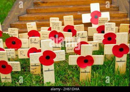 Chensham, Großbritannien. November 2021. Anlässlich des Gedenktages und des Erinnerungssonntags wurde ein Mohnmann aus gestrickten Mohnblumen mit einer weißen Taube auf einer Bank in der Nähe des war Memorial im Stadtzentrum von Chesham aufgestellt.Quelle: Maureen McLean/Alamy Live News Stockfoto