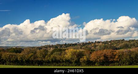 Auf dem High Weald Landscape Trail von Cranbrook nach Goudhurst im Herbst in Kent Südostengland, Großbritannien Stockfoto