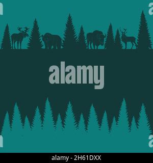 Hintergrund von Silhouetten von wilden Waldtieren und Bäumen. Vektorgrafik. Stock Vektor