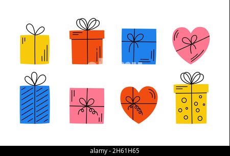Geschenkkartons Vektor-Set. Weihnachtsdekoration Geschenke. Vektordarstellung auf weißem Hintergrund isoliert. Stock Vektor