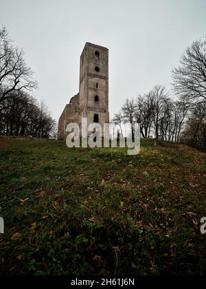 Ruinen von Katarinka mit dem Turm der Kirche und des Katharinenklosters in der Nähe von Dechtice, Slowakei. Stockfoto