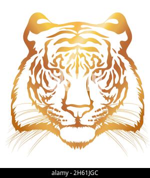 Kopf des Tigers. Goldene Silhouette eines Tigers Kopf isoliert auf weißem Hintergrund. Stock Vektor