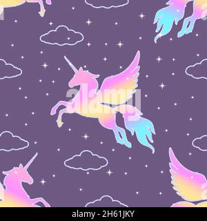 Fliegende Einhörner Silhouetten nahtloses Muster. Rosa und blaue Silhouetten von pegasus. Stock Vektor