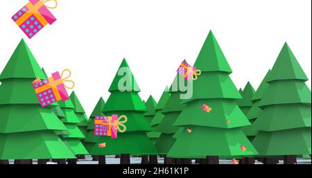 Bild von Geschenken, die zu weihnachten über Tannenbäume fallen Stockfoto