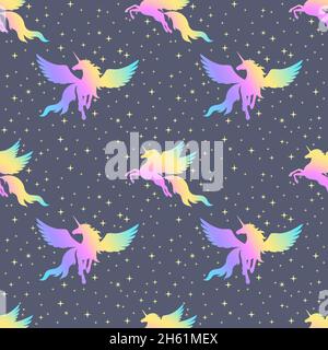 Einhörner mit Flügeln und Sternen. Nahtloses Muster. Stock Vektor