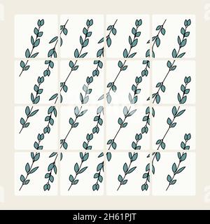 Floraler Hintergrund mit grünen Baumblättern. Moderne, minimalistische Küche, Blick von oben. Zeilebilderung Banner Flyer Hintergrund. Tischdecke im Retro-Stil. Stock Vektor