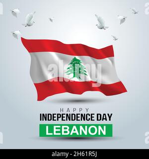 Alles gute zum Unabhängigkeitstag Libanon. 3d-Baum und Libanon-Flagge mit fliegender Taube. vektor-Illustration Design Stock Vektor