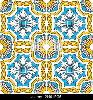 Farbige handgezeichnete portugiesische Azulejos. Vektor nahtlose Muster Blau, gelb abstrakter Hintergrund für Web-Hintergrund, Druck, Kissen, Oberflächenstruktur, w Stock Vektor