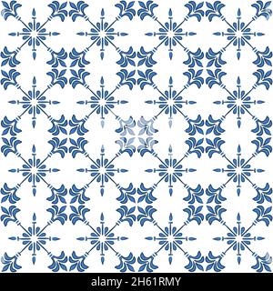 Blaues Muster der Lissabonner Azulejos. Mediterranes traditionelles Ornament. Italienische Keramik oder spanische Majolika. Barocker Damast Hintergrund. Stock Vektor