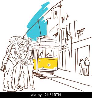 Lissabon Tram Zeichnung mit Touristen - Vektor-Illustration. Vektorskizze für die Straßenbahn der Stadt Lissabon. Stock Vektor
