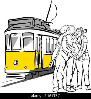 Eine typische Straßenbahn 28 im Alfama-Viertel. LISSABON, PORTUGAL. Die Linie 28 ist eine der meistgenutzten von Touristen. Handgezeichnete Vektorskizze. Stock Vektor