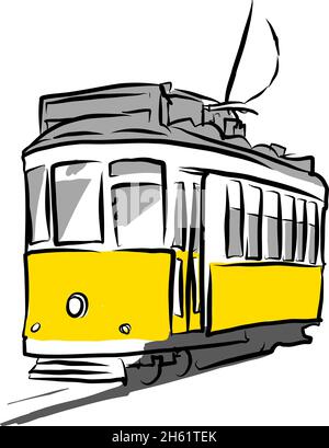 Eine typische Straßenbahn 28 im Alfama-Viertel. LISSABON, PORTUGAL. Handgezeichnete Vektorskizze auf weißem Hintergrund getrennt Stock Vektor