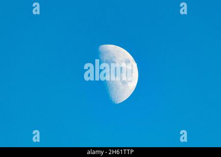 Heller Halbmond über dem völlig blauen Himmel. Horizontale Fotografie. Schneemond. Super Vollmond mit dunklem Hintergrund. Madrid. Spanien. Europa. Stockfoto