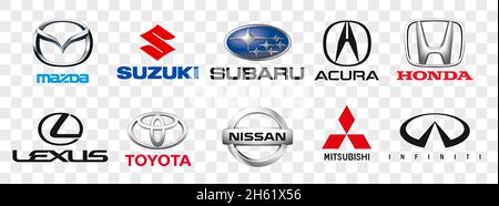 Kiew, Ukraine - 11. November 2021: Sammlung japanischer Auto-Logos auf weißem Papier gedruckt: Mazda, Honda, Mitsubishi, Toyota, Nissan, Subaru, Suzuki Stockfoto
