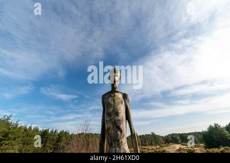 Geschnitzter hölzerner wächter im Hogmoor-Einschluss, Surrey. Stockfoto