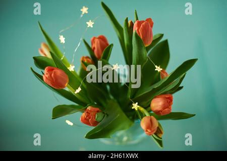 tulpenstrauß, Gartentulpen, tulipa gesneriana, Blüten, Blumenstrauß, Vase, Tisch, Dekoration Stockfoto