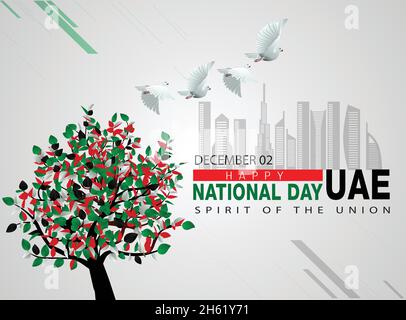 Happy National Day vae Taube fliegen mit bunten UAE Flaggenbaum. vektor-Illustration Design Stock Vektor