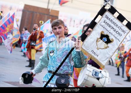 Italien, Sansepolcro (Arezzo), 12. september 2021 : Palio von Armbrust (Palio della Balestra). Es ist ein historisches Ereignis, das kontinuierlich gehalten wurde Stockfoto