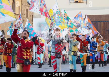 Italien, Sansepolcro (Arezzo), 12. september 2021 : Palio von Armbrust (Palio della Balestra). Es ist ein historisches Ereignis, das kontinuierlich gehalten wurde Stockfoto