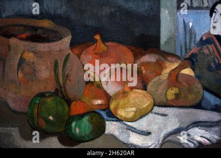 Paul Gauguin (1848-1903). French Post-Impressionist painter. Still Life with Onions and Japanese Woodcut, ca. 1889. Oil on canvas (40,5 x 51,5 cm). Ny Carlsberg Glyptotek. Copenhagen, Denmark. Stockfoto