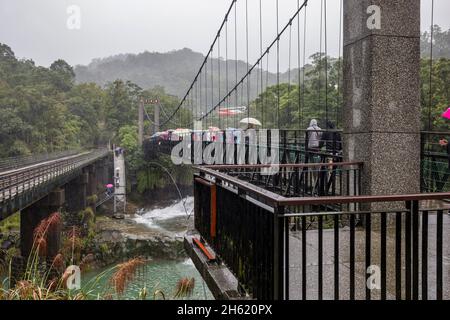 Touristen im Regen, im Pingxi-Viertel, in New taipei, in taiwan, am oberen Ende des keelung-Flusses Stockfoto