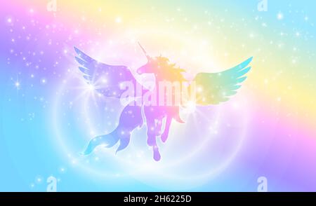 Silhouette eines Einhorns mit Flügeln auf dem Hintergrund eines Regenbogenhimmels mit Sternen. Vektorgrafik für Kinder. Stock Vektor