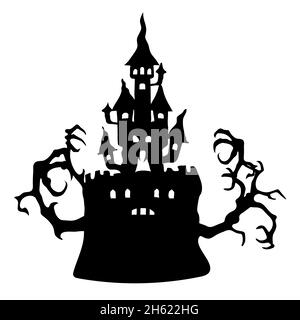 Silhouette eines finsteren Schlosses mit Baumzweigen für Halloween. Vektorbild auf weißem Hintergrund. Stock Vektor