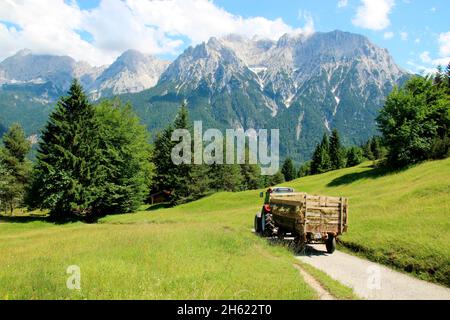 lindner geotrac 73,3300 cm–³, 3 Zylinder, bj. 2009,Traktor während der Heuernte,deutschland,bayern,oberbayern,werdenfelser Land,isartal,mittenwald,kranzberg,wildensee,buckelwiesen,karwendelgebirge,Heuwagen,karwendel Stockfoto