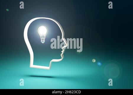 Kopf mit Glühbirne. Ideenkonzept. Abstraktes Design. 3d-Illustration. Stockfoto