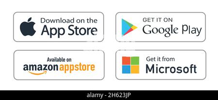 Kiew, Ukraine - 7. November 2021: Buttons Google Play Store, Amazon AppStore, Apple App Store, Microsoft download Stock Vektor