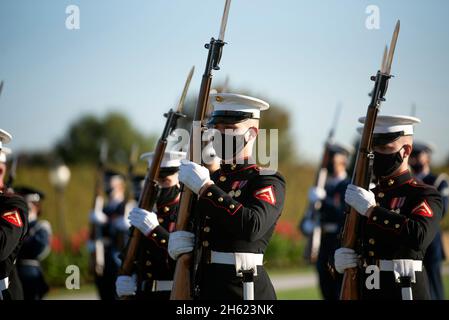 Berichtet: Marines mit der Joint Honor Guard nehmen an der verstärkten Ehrenwache Teil, da Verteidigungsminister Dr. Mark Esper den Minister für nationale Verteidigung der Republik Korea, Suh Wook, am 14. Oktober 2020 im Pentagon, Washington, D.C. begrüßt. Stockfoto