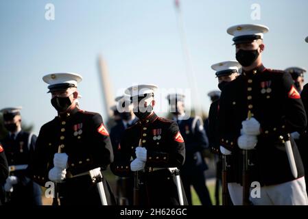 Berichtet: Marines mit der Joint Honor Guard nehmen an der verstärkten Ehrenwache Teil, da Verteidigungsminister Dr. Mark Esper den Minister für nationale Verteidigung der Republik Korea, Suh Wook, am 14. Oktober 2020 im Pentagon, Washington, D.C. begrüßt. Stockfoto