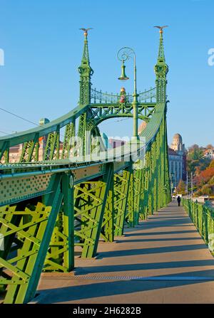 Die kunstvolle Freiheitsbrücke ist mit leuchtend grünen Spitzen wie Metalldetails, Vintage-Lampen, Skulpturen von Turul-Vögeln, Budapest, Ungarn, verziert Stockfoto