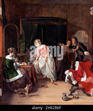 Der Eindringling des niederländischen Künstlers Gabriël Metsu (1629–1667), Öl auf Tafel, c. 1660 Stockfoto