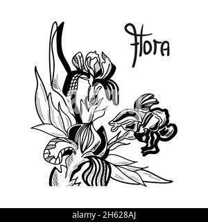 Iris-Blüten werden grafisch mit dem Schriftzug Flora gezeichnet. Stock Vektor