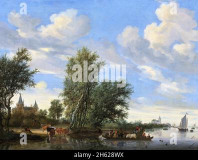 Flusslandschaft mit Fähre von Salomon Jacobsz van Ruysdael (um 1602-1670), Öl auf Leinwand, 1649 Stockfoto