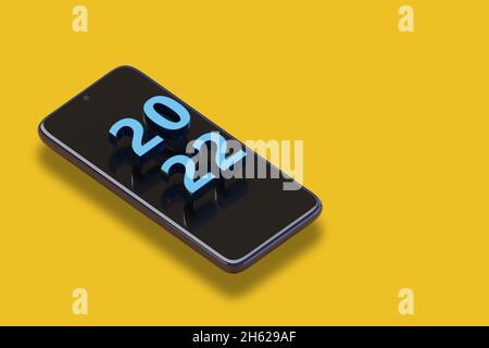 Mobiltelefon mit 2022 Text in drei Dimensionen. Konzept für das neue Jahr. Isometrische Projektion. 3d-Illustration. Stockfoto