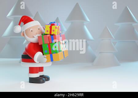 Cartoon Weihnachtsmann trägt eine Menge Geschenkboxen. Weihnachtskonzept. 3d-Illustration. Stockfoto