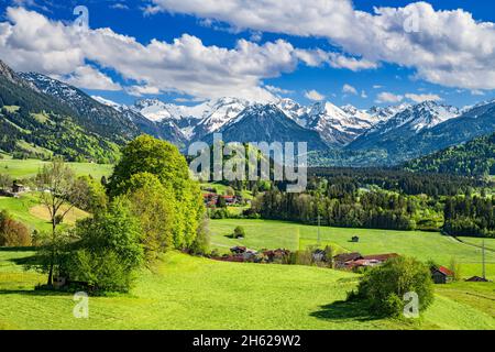 Idyllische Berglandschaft im oberallgäu an einem sonnigen Frühlingstag. Grüne Wiesen, Wälder und schneebedeckte Berge unter blauem Himmel im illertal. malerwinkel, allgäuer alpen, bayern, deutschland, europa Stockfoto