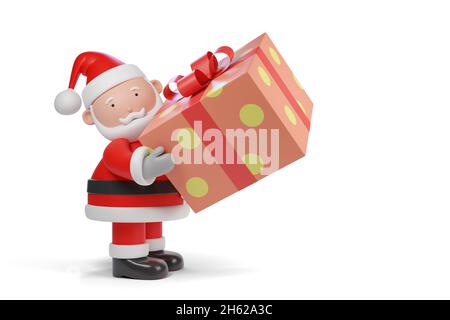 Cartoon Weihnachtsmann trägt eine riesige Geschenkbox isoliert auf weißem Hintergrund. 3d-Illustration. Stockfoto