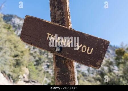 Rustikales Holzschild mit Bergwildnis Hintergrund. Stockfoto