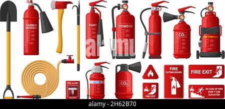 Brandbekämpfung, Brandschutzausrüstung, Feuerlöscher, Notfallschilder. Feuerwehrmann Schutz, Flamme Bekämpfung Werkzeuge Vektor Illustration Set Stock Vektor