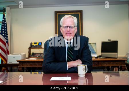 Berichtet: Der amtierende Verteidigungsminister Chris Miller bereitet sich auf den Übergang aus dem Büro des Verteidigungsministers, dem Pentagon, Washington, D.C., 20. Januar, vor. 2021. Stockfoto