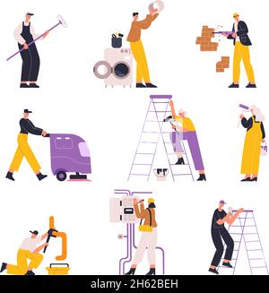 Hausrenovierungsdienstmitarbeiter, Hausreparatoren, Reparaturmeister. Hausreparaturmeister, Elektriker, Maler und Klempner Vektor-Illustration-Set Stock Vektor