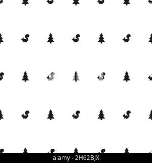 Schwarze Tannen und Eichhörnchen auf weißem Hintergrund. Waldnahtloses Wintermuster mit Fichte. Weihnachten Vektor Ornament. Urlaub Natur Textur für p Stock Vektor