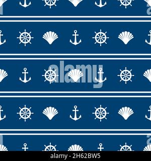Nautisches Nahtloses Muster mit Muscheln und Ankern auf blauem Hintergrund. Schiff und Boot Lenkrad Ornament. Marine Tapete mit Ruder. Sommer perfekt Stock Vektor